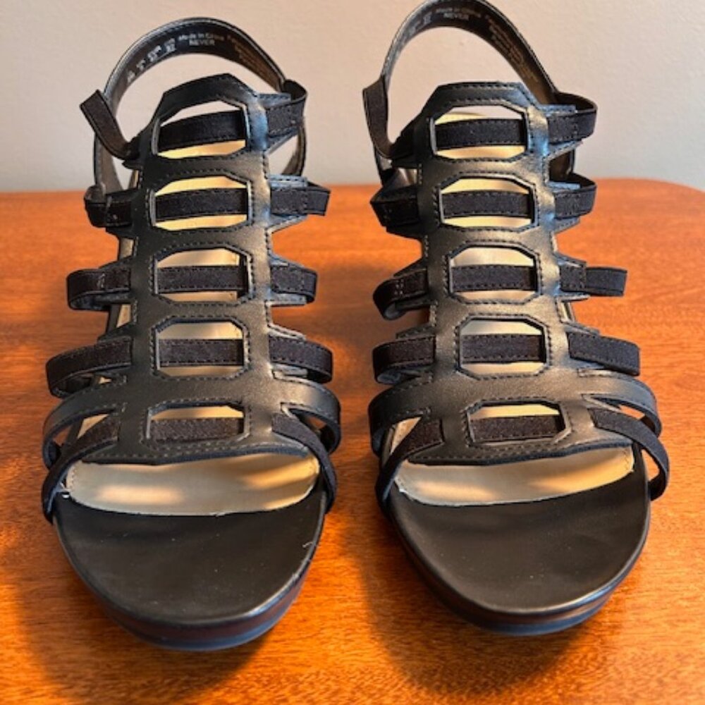 Naturalizer 'Never' Black Smooth Sandals 10 N5 Comfort 3.25" Heel Cork Elastic